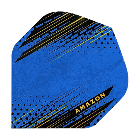 Das Bild zeigt ein blaues Dart-Flügelblatt mit schwarzen und gelben grafischen Akzenten. Auf dem Flügel steht das Wort "AMAZON" in gelber Schrift.