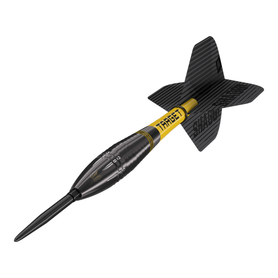 Lotki stalowe Target Scott Williams Shaggy Black Swiss Point Das Bild zeigt den Target Scott Williams Shaggy Black Swiss Point Steeldart. Der Dart hat ein schwarzes Design mit gelben Akzenten und einer schwarzen Flights.