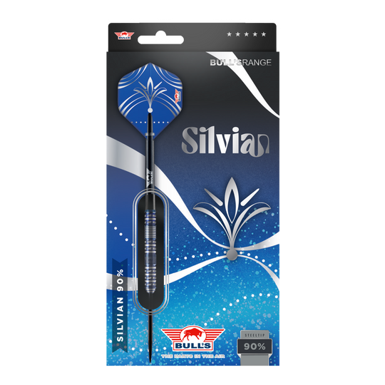 Byki NL Silvian Steeldarts Die Abbildung zeigt die Verpackung der "Bulls NL Silvian Steeldarts". Die Verpackung ist vorwiegend blau und silber gestaltet und hebt die Marke sowie den Namen "Silvian" hervor.