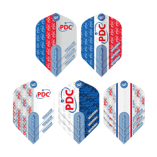 Kolekcja Winmau PDC Prism Flight Das Bild zeigt die "Winmau PDC Prism Flight Collection" mit fünf unterschiedlichen Dart-Flights. Die Flights sind in den Farben Blau, Rot und Weiß gehalten und mit den Logos "PDC" und "Winmau" bedruckt.