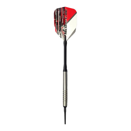 Lotki McDart 85 Tungsten V14 Soft Darts - 17g Das Bild zeigt einen McDart 85er Tungsten V14 Softdart mit einem Gewicht von 17 Gramm. Der Dart hat eine silberne Spitze, einen schwarzen Schaft und eine rot-weiße Flights.