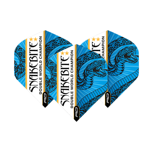 Das Bild zeigt drei blaue und weiße Dart-Flights mit dem Aufdruck „Snakebite Double World Champion“. Auf jedem Flight ist eine stilisierte Schlange abgebildet.