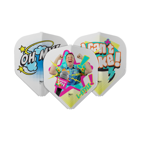 Loty Wayne'a Mardle'a typu B w stylu L, białe, L1EZ Das Bild zeigt drei Dartflights mit bunten, auffälligen Designs und Comic-Schriftzügen. Auf einem Flight ist ein jubelnder Mann abgebildet, während die anderen Sätze wie "OH MY!" und "I can't take!" zeigen.