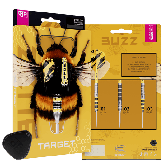 Stalowe lotki Target Buzz 03 Swiss Points Hier sind die Target Buzz 03 Swiss Points Steeldarts abgebildet. Die Steeldarts überzeugen mit hoher Qualität.