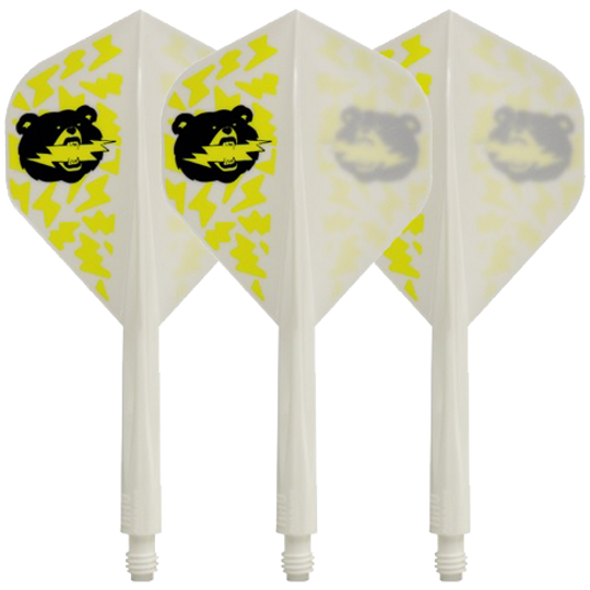 Das Bild zeigt drei weiße Dartflights mit gelben Blitzen und einem schwarzen Bärenkopf als Motiv. Die Flights sind Teil des Produkts "Condor Axe Black Bear Miyu Miyawaki Flight-Shaft White - Standard".
