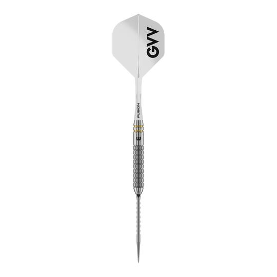 Winmau Gian Van Veen W-MAX Switch Point Steeldarts sind auf weißem Hintergrund abgebildet. Die Darts präsentieren sich im Profil.