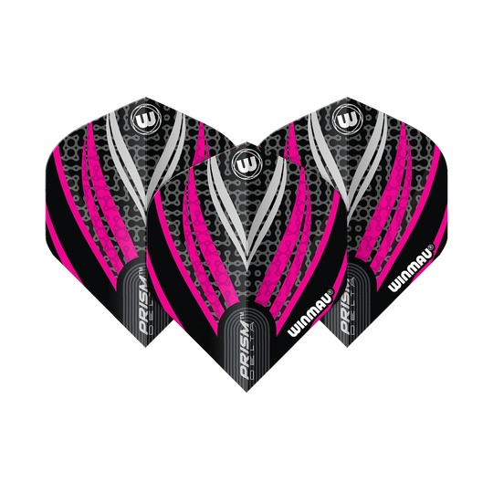 Winmau Prism Delta Czarno-Biało-Różowy Nr 2 Standardowe Loty Das Bild zeigt drei Dart-Flights des Modells "Winmau Prism Delta Schwarz Weiß Pink No2 Standard". Die Flights haben ein auffälliges Design in Schwarz, Pink und Weiß mit dem Winmau-Logo.