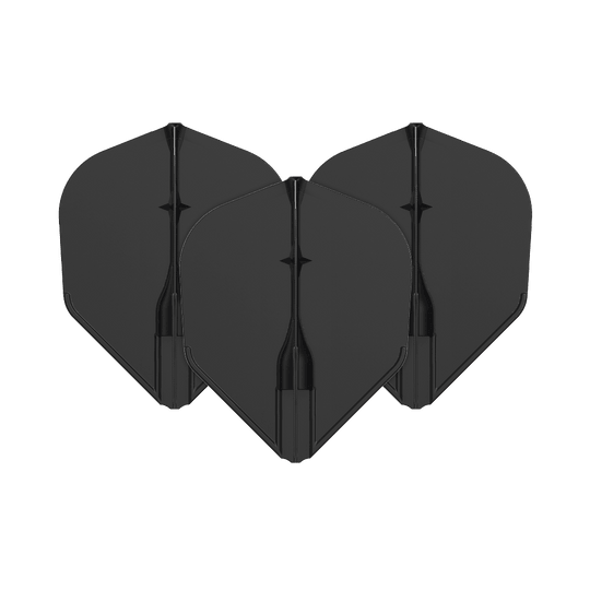 Loty L-L-Style3EZ Auf dem Bild sind drei schwarze Dartflights zu sehen. Sie sind in einer Reihe angeordnet und haben eine klassische Form.