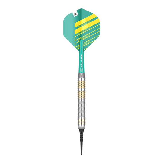 Lotki miękkie Target Rob Cross Brass - 18g Das Bild zeigt einen Softdart der Marke "Target Rob Cross Brass Softdarts - 18g". Der Dart hat eine grün-gelbe Flight und einen silber-goldenen Schaft.
