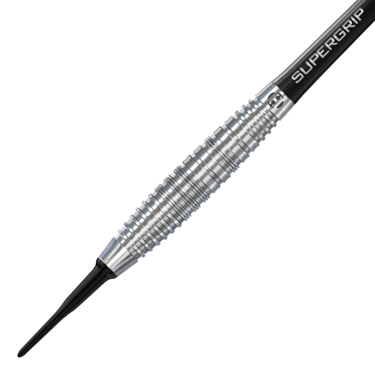 Harrows NX90 Bomb Soft Darts Das Bild zeigt einen Harrows NX90 Bomb Softdart. Der Dart hat eine silberne, geriffelte Metallspitze und einen schwarzen Schaft mit der Aufschrift "SUPERGRIP".