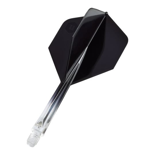 Das Bild zeigt die Unicorn Forge Two Tone No2 Standard Flights in Schwarz. Es handelt sich um Flights für Dartpfeile mit klarem und schwarzem Design.