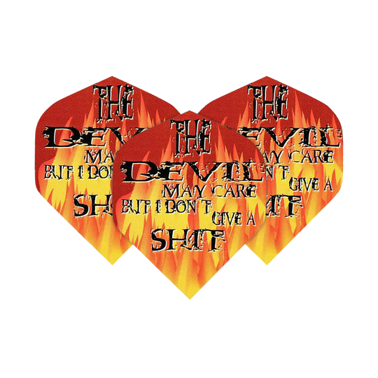 Loty pięcioboju: Diabeł może się tym przejmować Das Bild zeigt drei Dartflights mit Flammenmuster und auffälligem Schriftzug. Auf den Flights steht: "The Devil may care but I don't give a shit."
