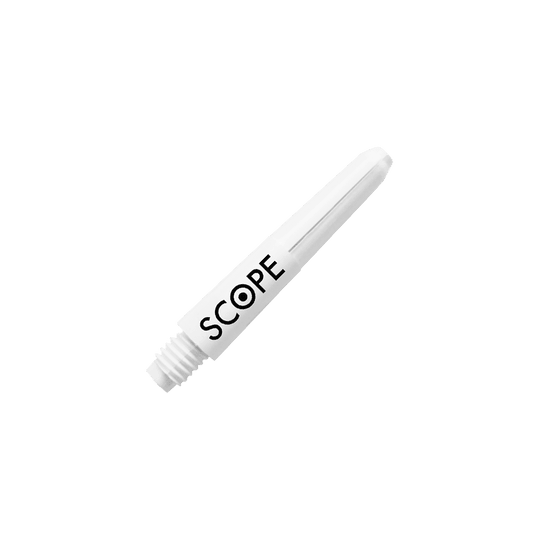 524_McDart_Scope_Nylon_Shafts_Weiss_28mm_2 Das Bild zeigt einen weißen Nylon-Schaft für Darts mit der Aufschrift "SCOPE". Es handelt sich um das Produkt "McDart Scope Nylon Shafts".