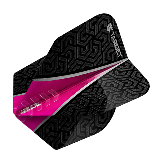 Das Bild zeigt das Produkt "Target Vision Ultra Pink No6 Flights". Die Dart-Flights sind schwarz mit einem auffälligen pinken Streifen und einem modernen Muster.