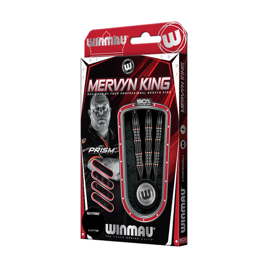 2440_Winmau_Mervyn_King_Special_Edition_Softdarts_3 Die Abbildung zeigt die "Winmau Mervyn King Special Edition Softdarts" in ihrer Verpackung. In der Packung sind drei hochwertige Softdarts mit 90% Tungsten-Anteil zu sehen.