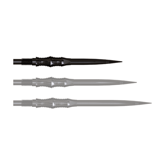 Harrows Quick Point Apex Spire Elite Series Dartspitzen - Schwarz Apex Spire Black Elite Serie Dartspitzen in 30mm sind abgebildet. Die Spitzen sind schmal und schwarz.