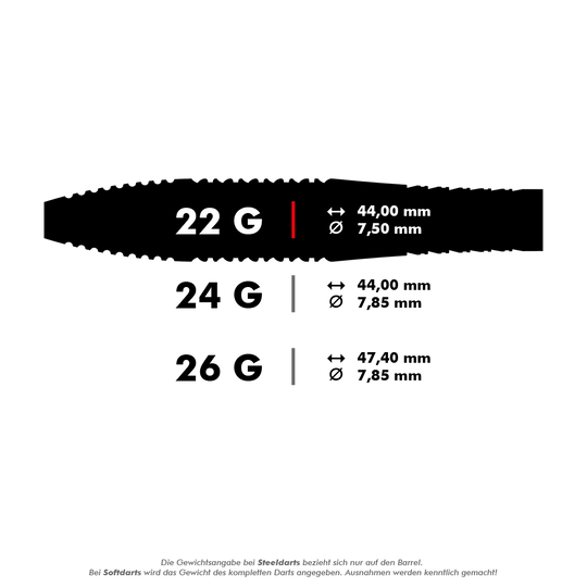 Stalowe lotki Target Bolide Void 05 Swiss Point Dieses Bild zeigt die technischen Spezifikationen von drei verschiedenen Steeldarts mit 22 g, 24 g und 26 g Gewicht. Die Maße wie Länge und Durchmesser der Barrel werden jeweils angegeben.