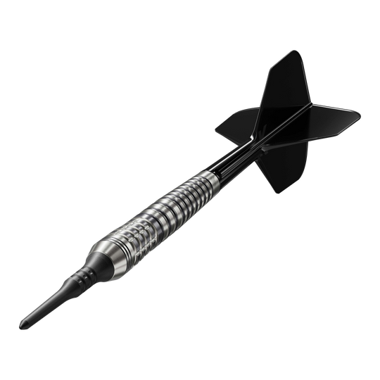 Target Japan Black Marque Renegade 4 Softdarts - 19g Das Bild zeigt einen Softdartpfeil mit schwarzer Spitze und schwarzen Flights. Es handelt sich um das Modell "Target Japan Black Marque Renegade 4 Softdarts - 19g".