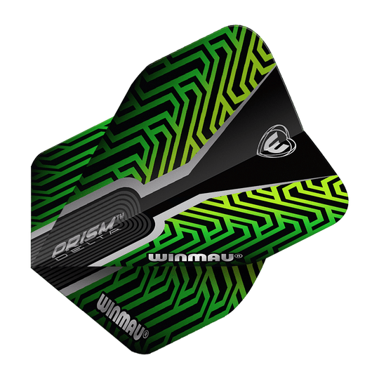 Das Bild zeigt ein Dartflight des Modells "Winmau Prism Delta Kairos No2 Standard" in Grün. Das Flight hat ein auffälliges, geometrisches Muster in Grün- und Schwarztönen mit dem Winmau-Logo.
