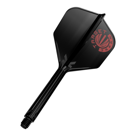 Das Bild zeigt einen schwarzen Dartshaft mit einer schwarzen Dartflügelfeder. Auf der Feder ist ein rotes Logo mit der Aufschrift "TARGET JAPAN" zu sehen.
