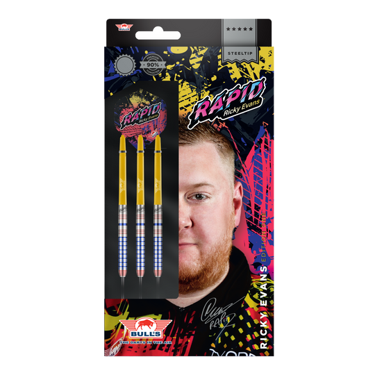 Die Abbildung zeigt die Verpackung der "Bulls NL Ricky Evans Rapid Edition One Steeldarts". Auf der Packung sind drei gelb-silberne Steeldarts und ein Porträt von Ricky Evans zu sehen.