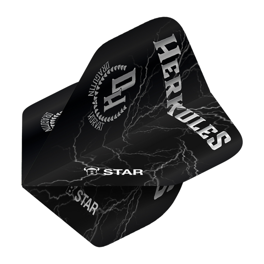 BL51843_Bulls_B-Star_Dragutin_Horvat_No2_Standard_Flights_2 Das Bild zeigt das Produkt "Bulls B-Star Dragutin Horvat No2 Standard Flights". Die Dart-Flights sind schwarz mit Blitzmotiven und weißen Aufschriften wie "HERKULES" und "B STAR".