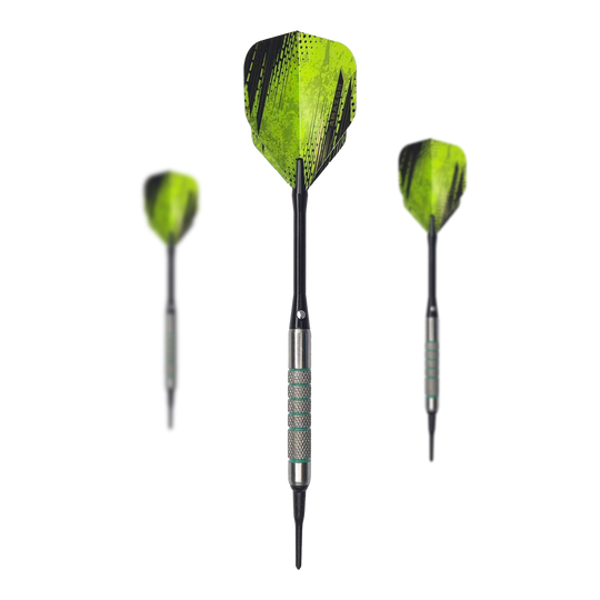 Lotki miękkie McDart 85 Tungsten V7 - 16,5 g Das Bild zeigt drei McDart 85er Tungsten V7 Softdarts mit einem Gewicht von 16,5g. Die Darts haben grün-schwarze Flights und silberne Griffe.