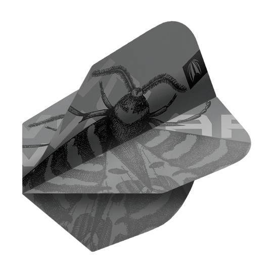 Target Pro Ultra Volar No6 Flights - 3 zestawy Das Bild zeigt ein Dartflight mit einem schwarz-grauen Design und einer Abbildung eines Insekts. Es handelt sich um das Produkt "Target Pro Ultra Volar No6 Flights - 3 Sets".