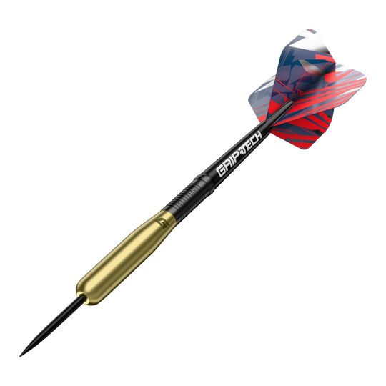 Das Bild zeigt einen GOAT Homerun Baseball Brass Steeldart mit einem Gewicht von 15 Gramm. Der Dart hat einen goldfarbenen Körper, einen schwarzen Schaft mit der Aufschrift "GRIPTECH" und bunte, rot-blau-weiße Flights.