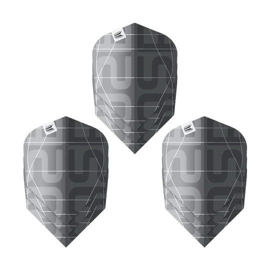 Target Pro Ultra Aspinall X Echo No6 Lotki - 3 zestawy Das Bild zeigt drei Sätze der Target Pro Ultra Aspinall X Echo No6 Flights. Die Flights sind in einem modernen Schwarz-Grau-Design mit geometrischem Muster gehalten.