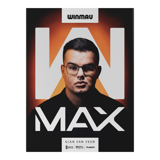 Miękkie rzutki Winmau Gian Van Veen W-MAX - 18g Das Bild zeigt Winmau Gian Van Veen W-MAX Softdarts mit einem Gewicht von 18 Gramm. Die Darts sind nebeneinander angeordnet.