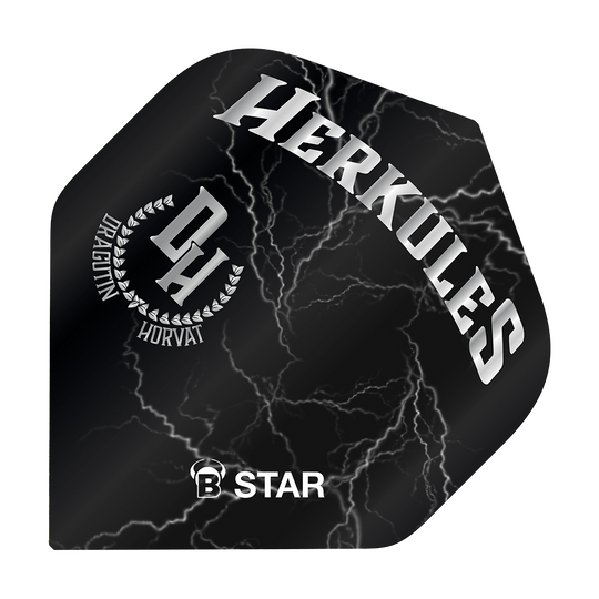 BL51843_Bulls_B-Star_Dragutin_Horvat_No2_Standard_Flights_1 Das Bild zeigt ein Dart Flight mit schwarzem Hintergrund und weißen Blitzen. Auf dem Flight stehen die Wörter "HERKULES", "DRAGUTIN HORVAT" und "B STAR".