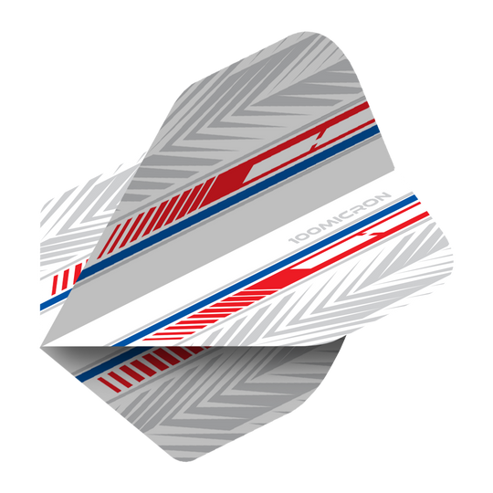 Loty pięcioboju biało-czerwono-niebieskie Das Bild zeigt ein Pentathlon White Red Blue No2 Standard Flight für Darts. Das Design ist überwiegend grau mit roten und blauen Akzenten sowie einem geometrischen Muster.