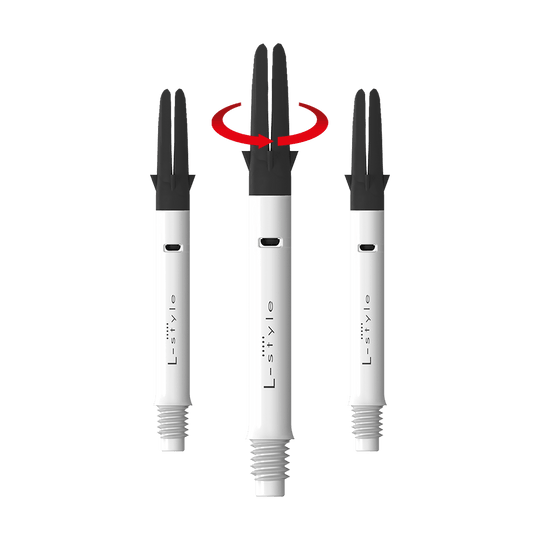 Wałek L-L-Style-Shaft Carbon Silent Straight - biały Auf dem Bild sind drei weiße Dartschäfte der Marke L-Style mit schwarzen Spitzen zu sehen. Über dem mittleren Schaft ist ein roter Pfeil, der auf eine Drehbewegung hinweist.