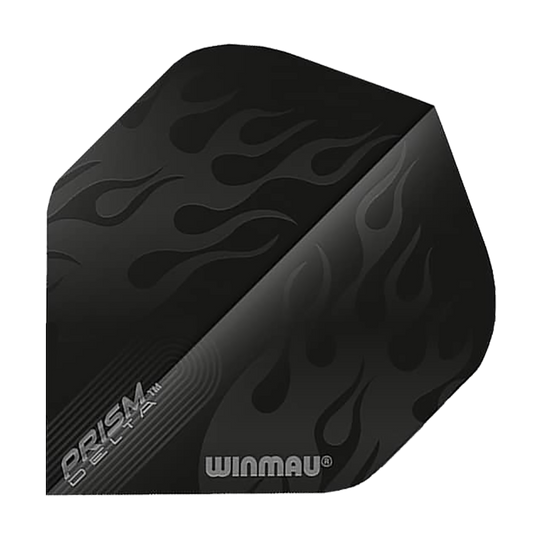 6915-202_Winmau_Prism_Delta_6915-202_Standard_Flights_1 Das Bild zeigt ein Winmau Prism Delta 6915.202 Standard Flight. Das Flight ist schwarz und mit einem Flammenmuster sowie den Aufschriften "PRISM DELTA" und "WINMAU" bedruckt.