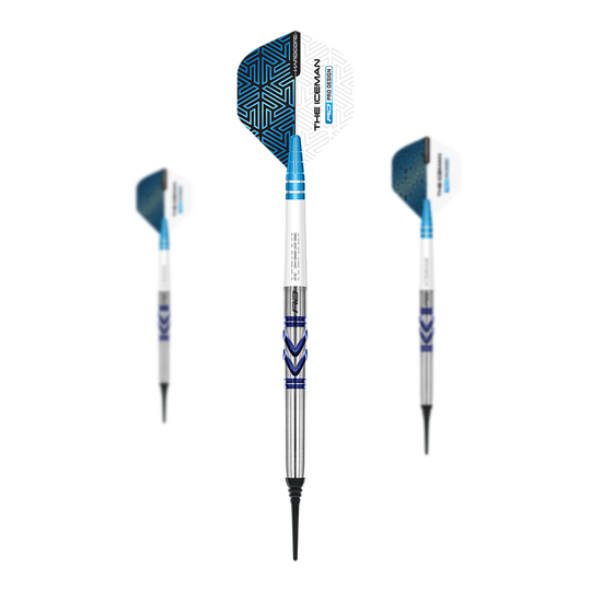 Das Bild zeigt drei Softdarts des Modells "Red Dragon Gerwyn Price Avalanche Pro" mit einem Gewicht von 20g. Die Darts sind silberfarben mit blauen Akzenten und haben Flights mit weiß-blauem Muster.
