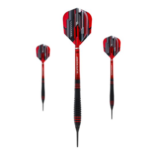 Miękkie lotki Harrows ACE z gumowym uchwytem Auf dem Bild sind drei Harrows ACE Rubber Grip Softdarts zu sehen. Die Pfeile haben rote Flights mit schwarzem und silbernem Muster sowie schwarze Griffe mit roten Akzenten.