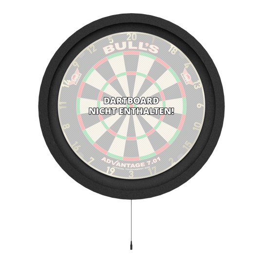 Das Bild zeigt das Bulls NL Lumo 2 Light Surround Beleuchtungssystem, das einen Dartboard-Rahmen mit integrierter Beleuchtung darstellt. In der Mitte steht geschrieben "Dartboard nicht enthalten".