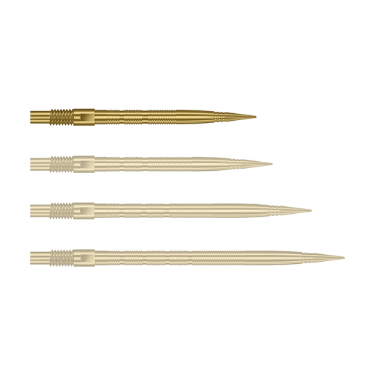 Końcówki do lotek Harrows Quick Point Micro Ridge Dart Tips – złote Abgebildet sind goldene MicroRidge Dartspitzen mit einer Länge von 26 mm. Das Produkt ist vermutlich von Harrows, Modell Quick Point.