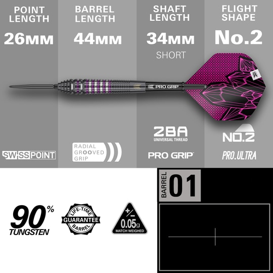 Lotki stalowe Target Lorraine Winstanley GEN2 Swiss Point - 24g Target Lorraine Winstanley GEN2 Swiss Point Steeldarts - 24g werden hier aus einer anderen Perspektive gezeigt. Die Abbildung hebt das Griffstück und Design des Dartpfeils hervor.