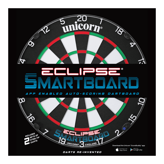 Das Bild zeigt das Produkt "Unicorn Eclipse Smartboard Steeldartboard". Es handelt sich um eine App-unterstützte Steeldart-Scheibe mit automatischer Punkteauswertung.