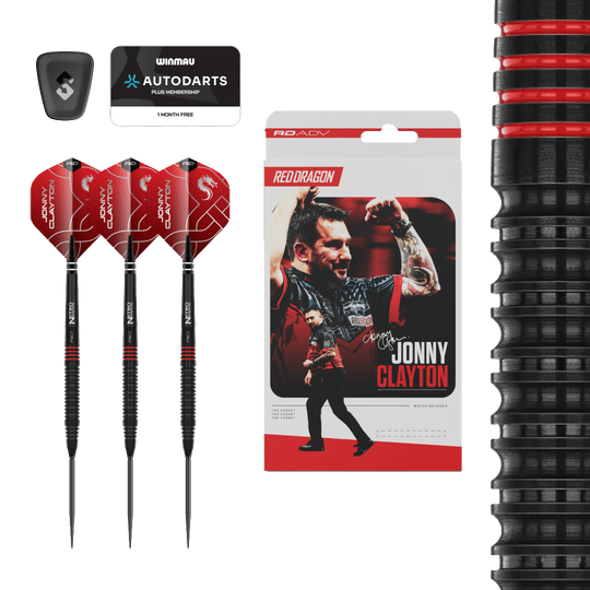 Czerwone strzałki Dragon Jonny Clayton RD-ADV Switch Point Steel Darts Abgebildet ist ein Set Red Dragon Jonny Clayton RD-ADV Switch Point Steeldarts. Die Darts sind deutlich zu erkennen und die Beschriftung ist lesbar.