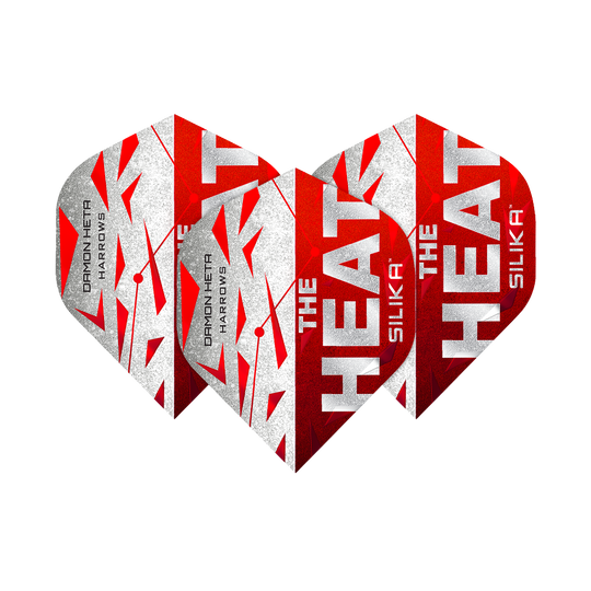 Loty Harrowa Silika Damona Hety z serii 3 Das Bild zeigt drei Dart-Flights der Serie "Harrows Silika Damon Heta Series 3". Die Flights sind in Rot, Weiß und Silber gestaltet und tragen die Aufschrift "THE HEAT" sowie "SILIKA".