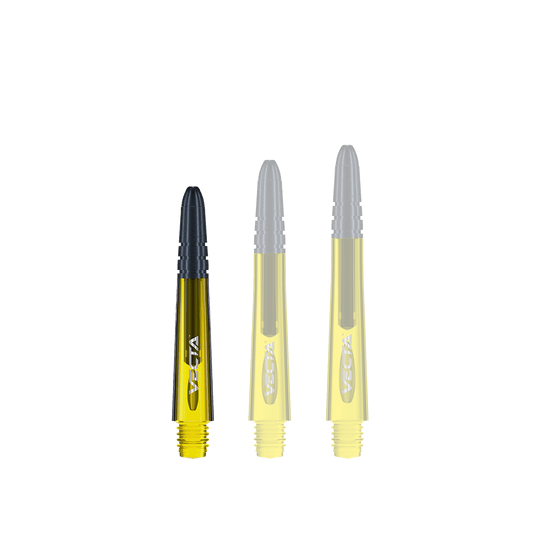 7025-106_Winmau_Vecta_Shafts_Gelb_34mm_1TzRYGOTg2Usas Das Bild zeigt drei gelbe Winmau Vecta Shafts in unterschiedlichen Längen. Die Schäfte haben schwarze Spitzen und sind mit dem Schriftzug "Vecta" versehen.