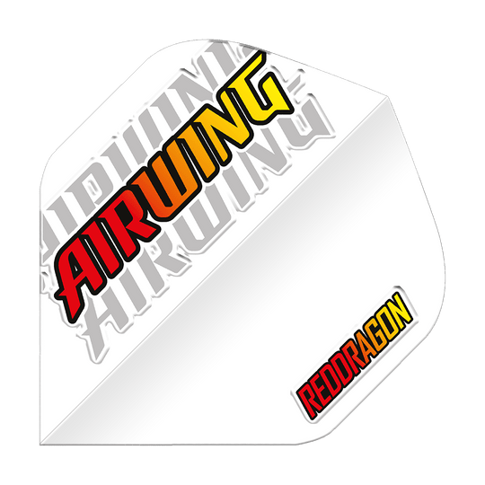 Red Dragon Airwing Czerwone Logo Standardowe Loty Dieses Bild zeigt ein weißes Dartflügel-Produkt mit der Aufschrift „AIRWING“ in Rot, Orange und Gelb. In der unteren rechten Ecke steht das Logo „REDDRAGON“ ebenfalls in Rot und Gelb.