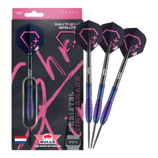 Bulls NL Christel Timmermans Satellite 90 stalowych rzutek 25g Dieses Bild zeigt die Bulls NL Christel Timmermans Satellite 90 Steeldarts 25g in voller Ansicht. Sie sind ideal für das professionelle Dartspiel geeignet.
