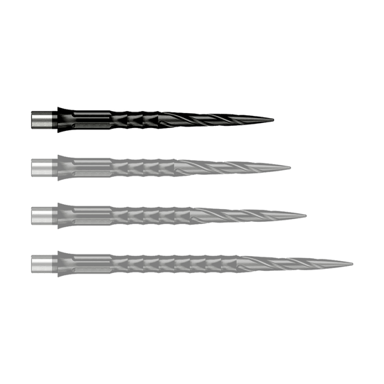 Stalowe groty do lotek Caliburn System - Spiro - Bez warg - Czarne Das Foto zeigt Caliburn Evo System Steeldartspitzen Spiro NoLip Black in 28 mm Länge. Diese Dartspitzen sind in Schwarz gehalten und besonders langlebig.