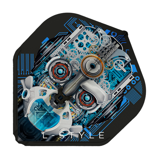 Das Bild zeigt das Produkt "L-Style Berry Van Peer V3 Black L1EZ Flights". Auf dem Flight ist ein grafisches, technisches Robotergesicht mit Zahnrädern und blauen Schaltkreisen abgebildet.