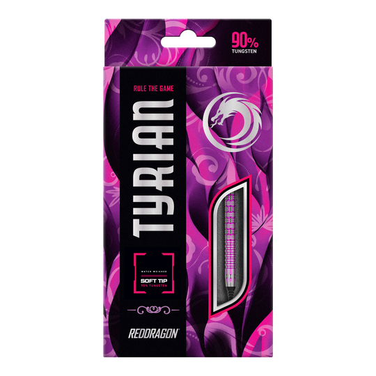 Die Abbildung zeigt die Verpackung der "Red Dragon Tyrian Softdarts - 22g". Die Schachtel ist lila und pink gestaltet und hebt hervor, dass die Darts zu 90 % aus Wolfram bestehen.