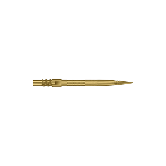 Końcówki do lotek Harrows Quick Point Micro Ridge Dart Tips – złote Das Bild zeigt goldene MicroRidge Dartspitzen in 26 mm Länge. Die Dartspitzen gehören wahrscheinlich zur Quick Point Serie von Harrows.